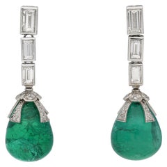 Retro Drop Natural Unenhanced Emerald and Diamond Earrings, circa 1970