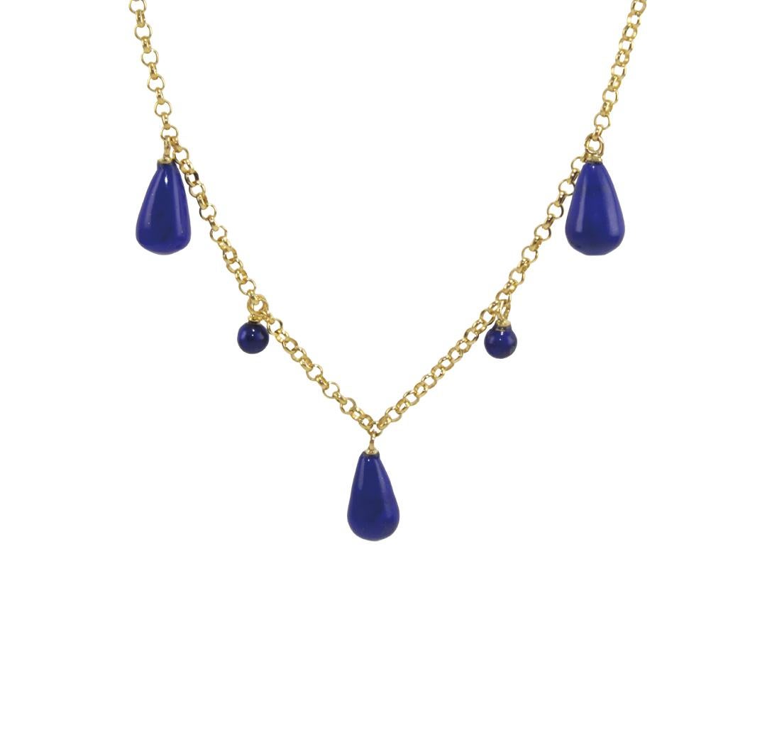 Long necklace realized in :Lapi Lazuli small drops and beads and 18kt yellow gold. 
Gold g. 9.5
Total stones ct. 52.50
Total lenght cm 83
