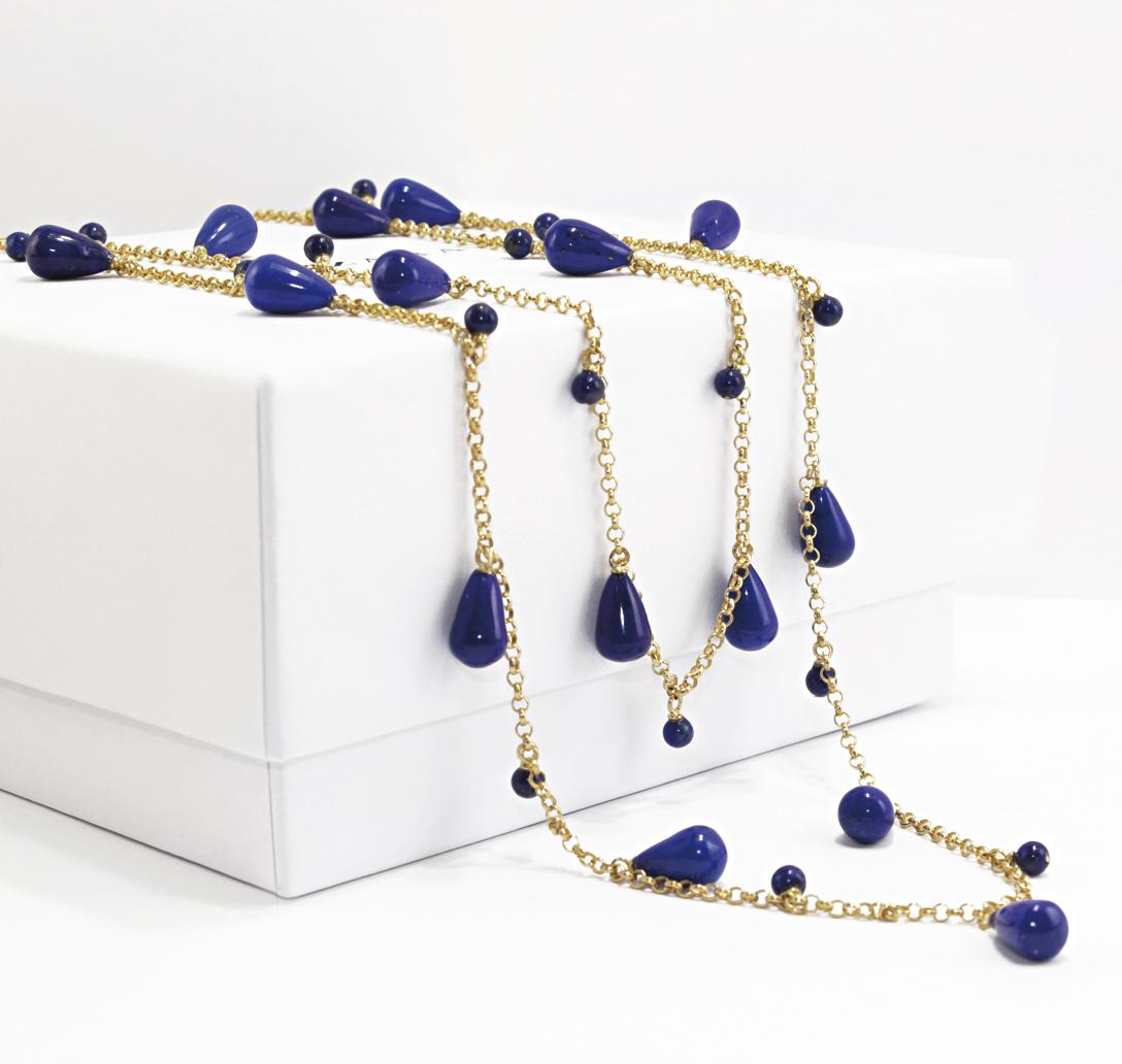 Artisan Drop Necklace Lapis Lazuli and 18 Karat Gold For Sale