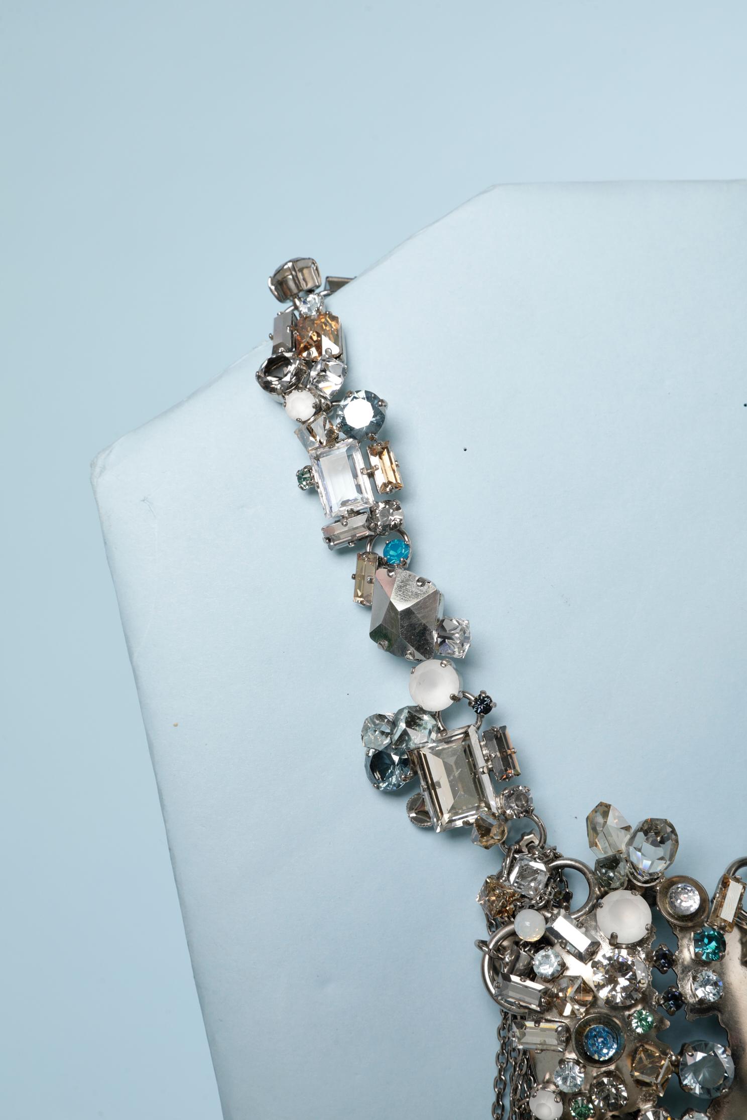 Contemporary Drop necklace made of metal, chain, rhinestone and glass beads Circa 2010 For Sale