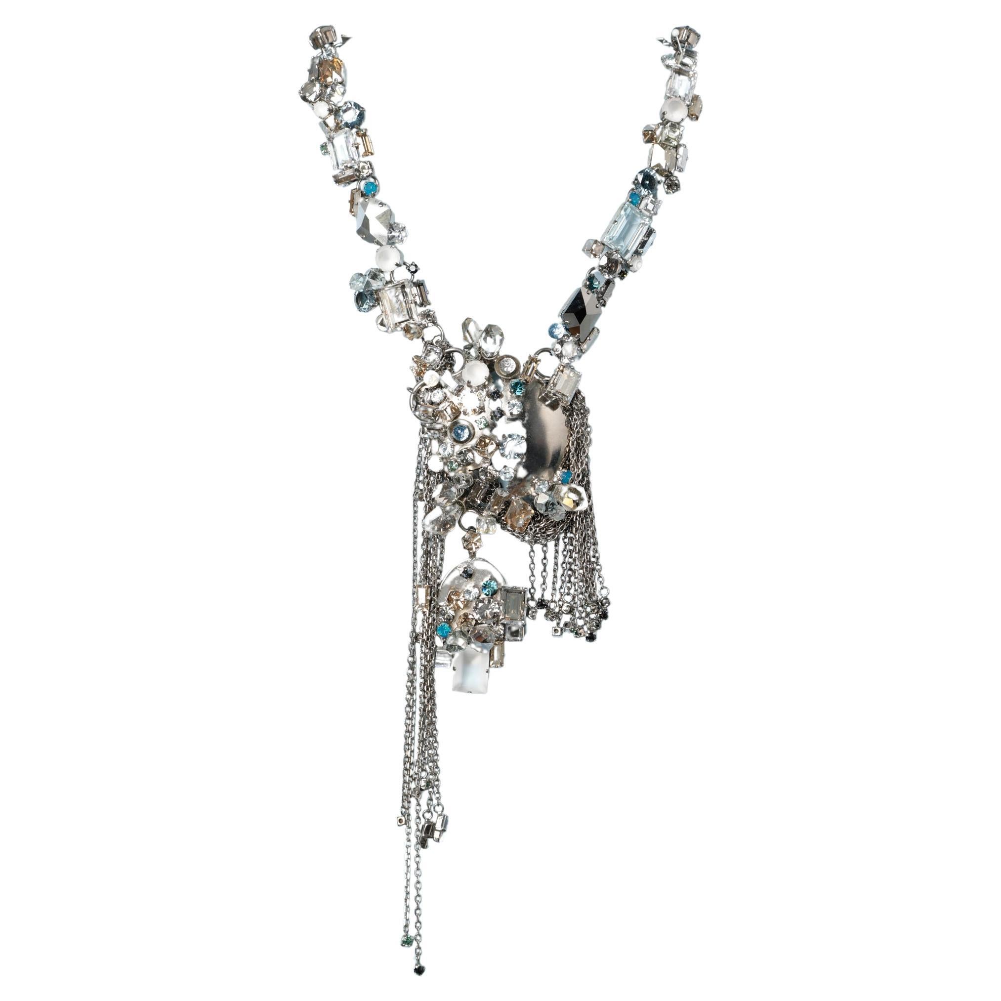 Drop necklace made of metal, chain, rhinestone and glass beads Circa 2010 For Sale