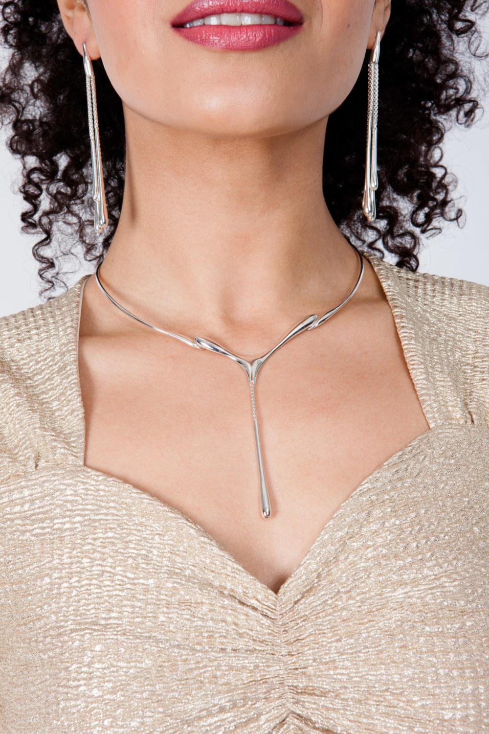 Elegant piece from the Drop collection. Y-shaped necklace of solid Sterling Silver featuring large drop dangling from a delicate chain. Beautifully crafted to give flowing fluid movement. You can have it in Rose Gold too so let us know once you