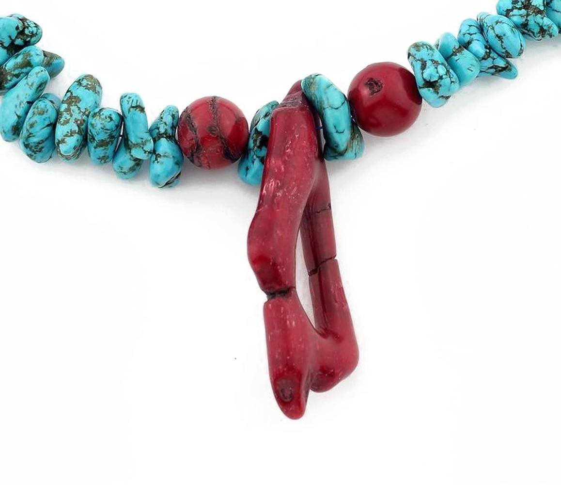 Drop Necklace Style of Faux Turquoise and Bamboo Coral Necklace In New Condition In Raleigh, NC