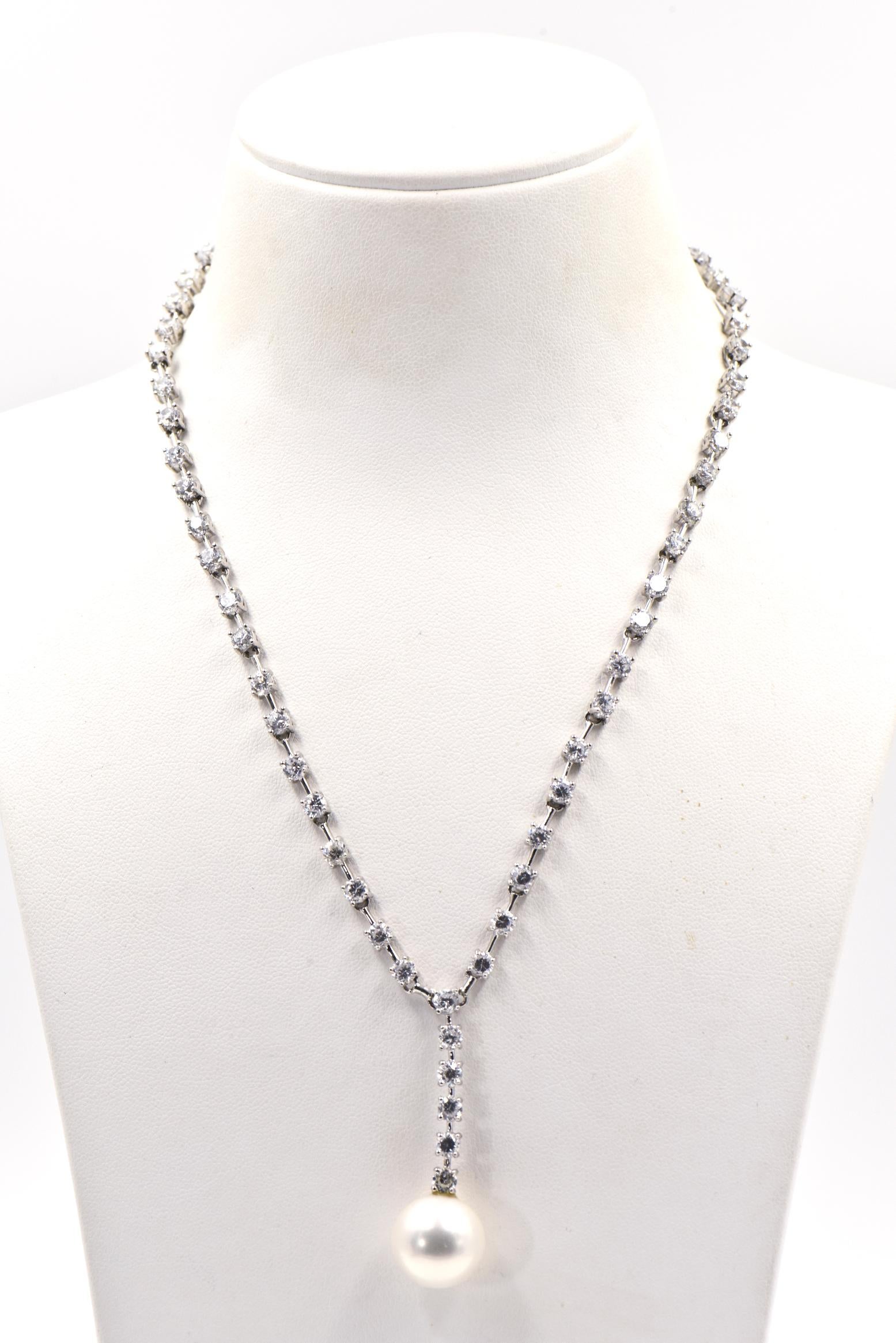 Drop Pearl and Crystal CZ Tennis Sterling Silver Statement Gala Bridal Necklace 2