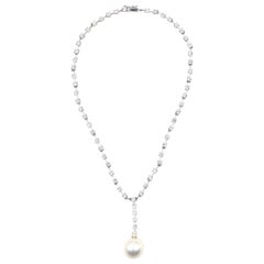 Vintage Drop Pearl and Crystal CZ Tennis Sterling Silver Statement Gala Bridal Necklace