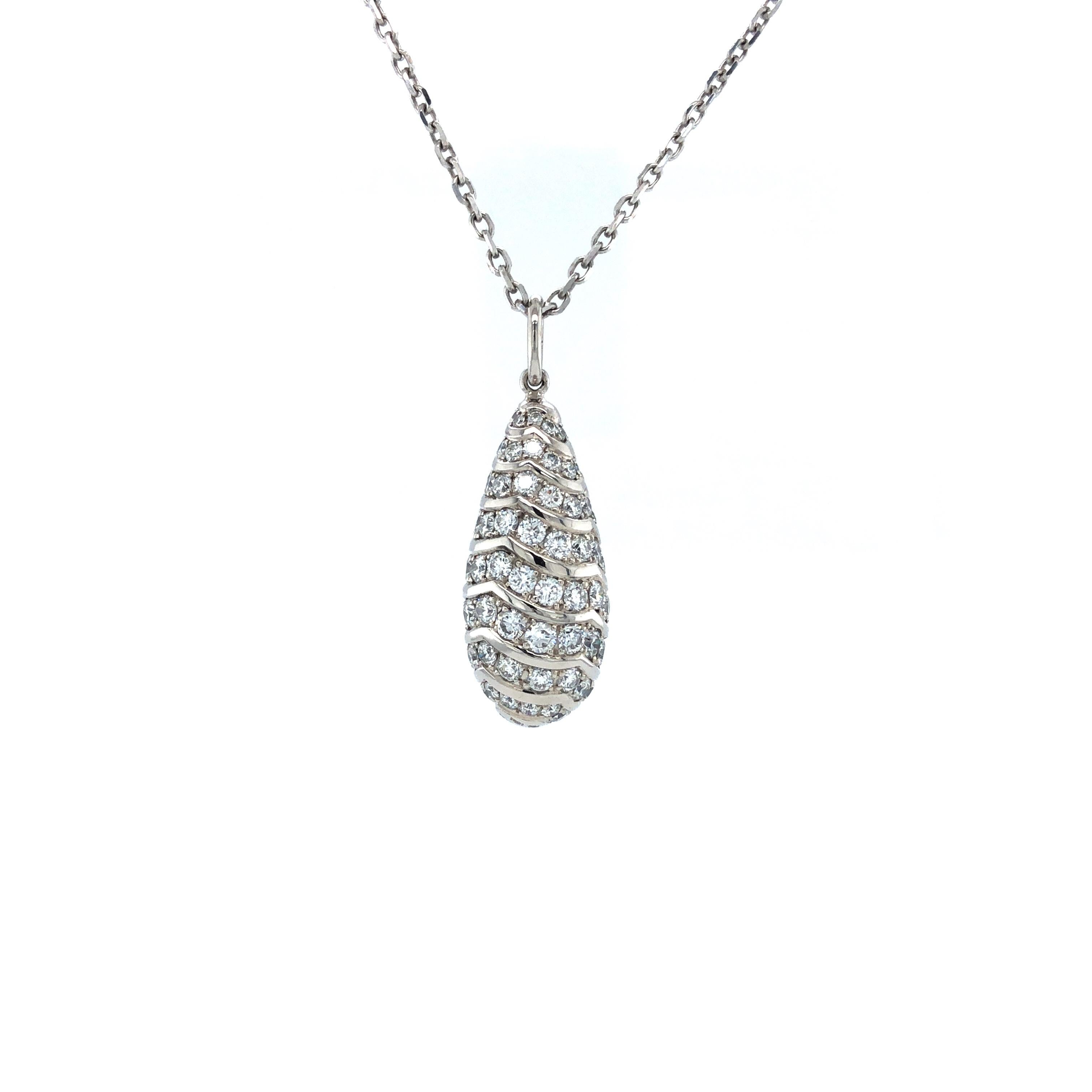Victor Mayer drop pendant 18k white gold, Dew Drop Collection, 91 diamonds, total 1.51 ct, G VS, measurements app. 9.5 mm x 28.5 mm, limited edition of 150 pieces. 

About the creator Victor Mayer
Victor Mayer is internationally renowned for elegant