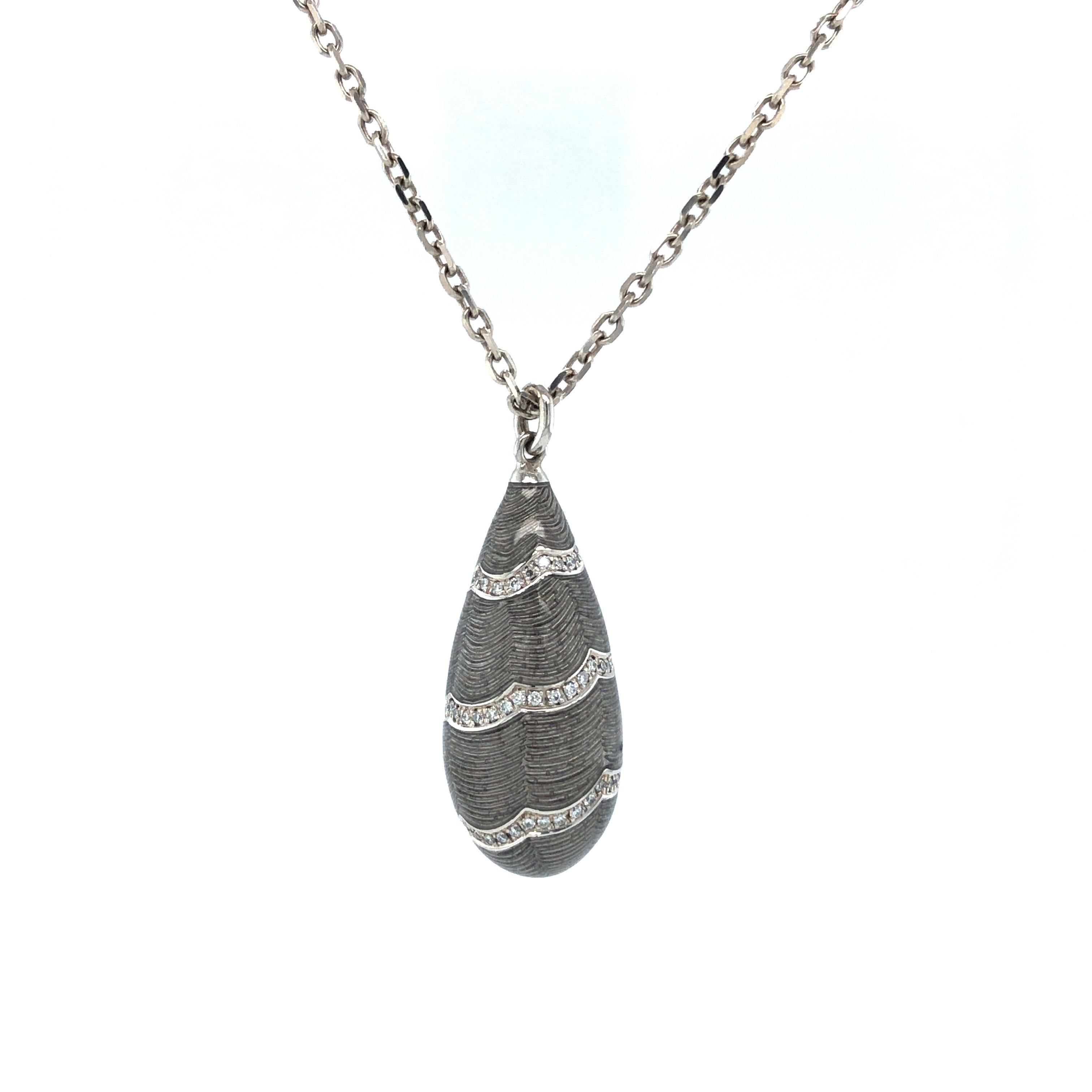 Brilliant Cut Drop Pendant Necklace 18k White Gold, Falcon Grey Enamel 82 Diamonds 0.16 ct  For Sale