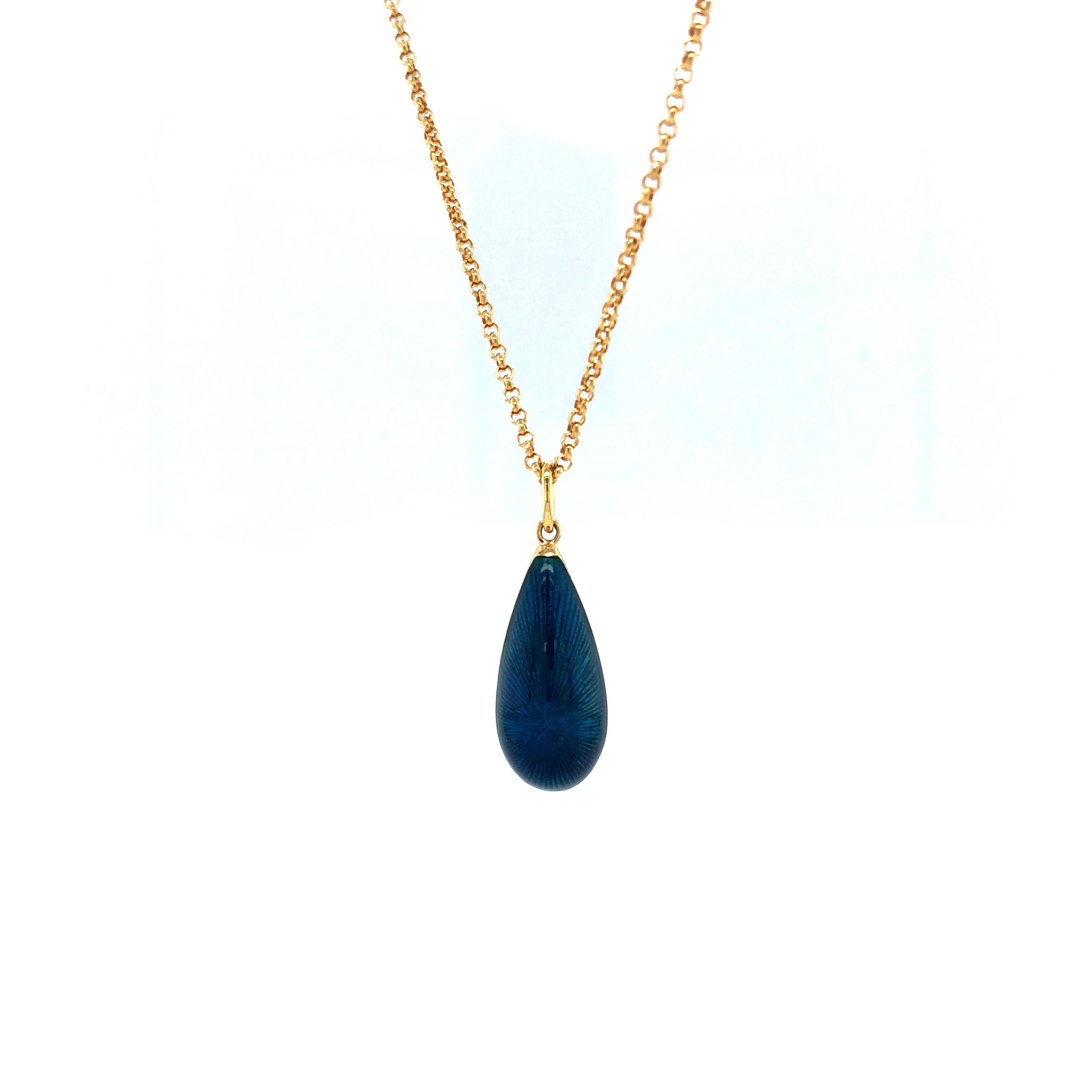 Contemporary Drop Pendant, 18k Yellow Gold, Petrol Blue Enamel, Dimensions For Sale