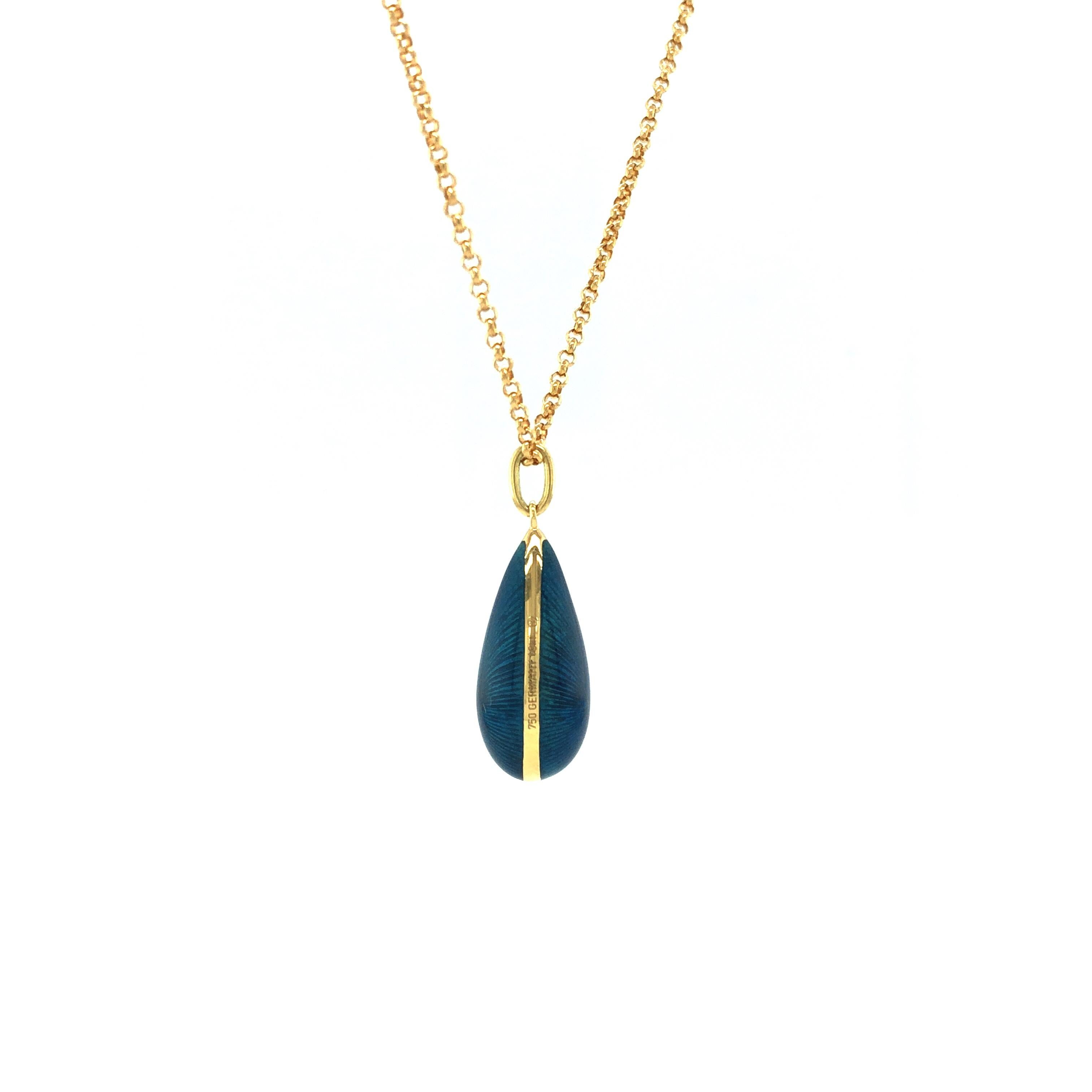 Pendentif en goutte, or jaune 18 carats, émail bleu pétrole, dimensions Pour femmes en vente