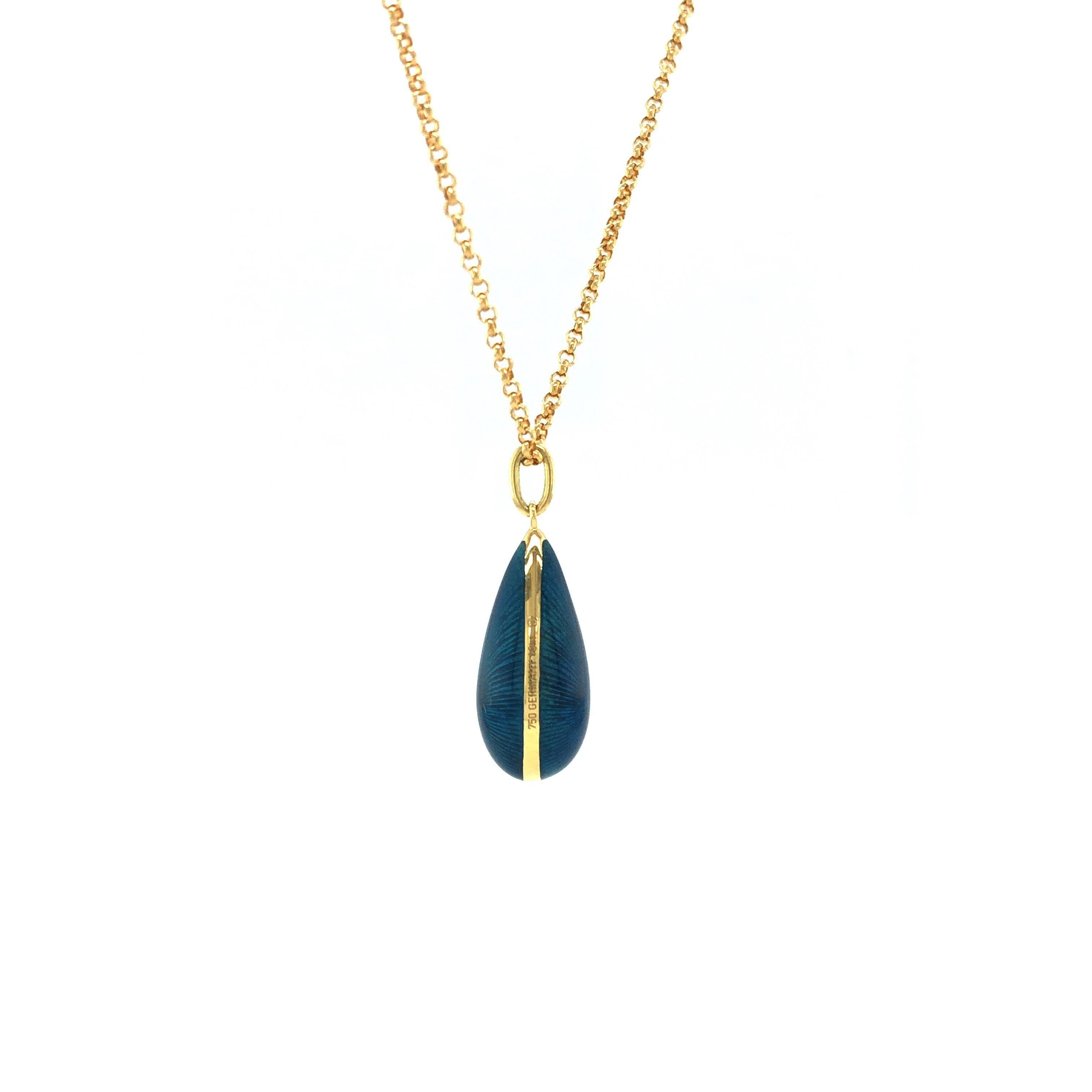 Women's Drop Pendant, 18k Yellow Gold, Petrol Blue Enamel, Dimensions For Sale