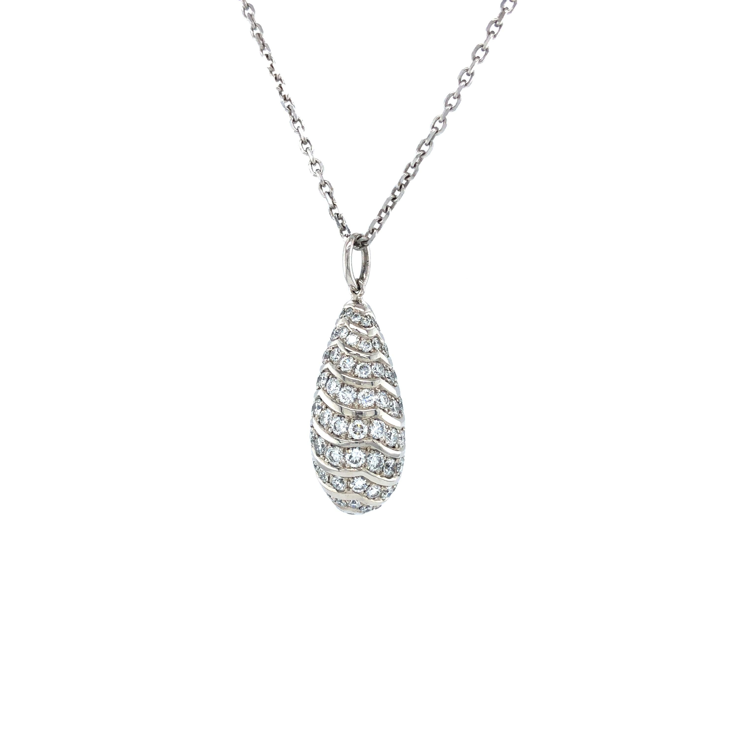 Contemporary Drop Pendant Necklace - 18k White Gold - 91 Diamonds Total 1.51 ct G VS For Sale