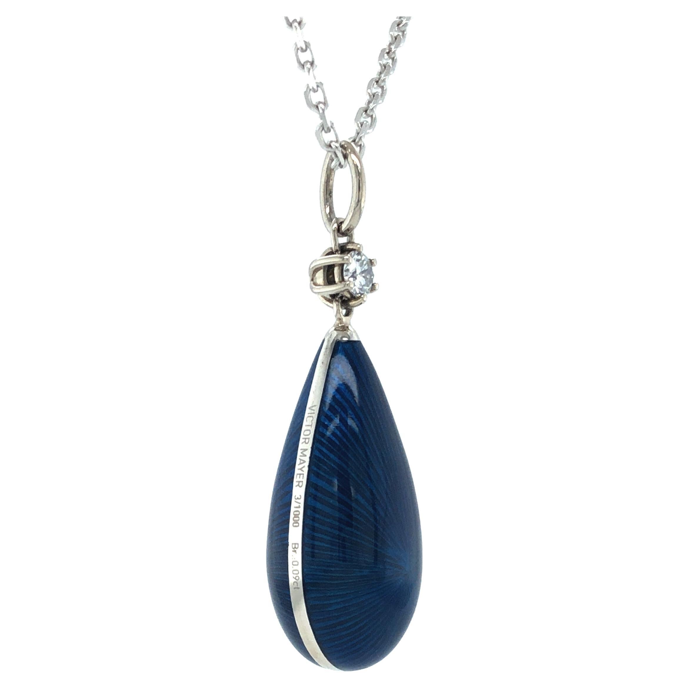 Contemporary Drop Pendant Necklace - 18k White Gold - Blue Guilloche Enamel 1 Diamond 0.09 ct For Sale