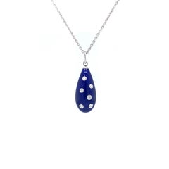 Drop Pendant Necklace 18k White Gold Blue Guilloche Enamel 6 Diamonds 0.07ct GVS