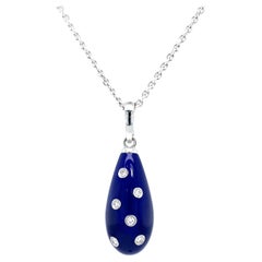 Drop Pendant Necklace 18k White Gold Blue Guilloche Enamel 6 Diamonds 0.07ct GVS