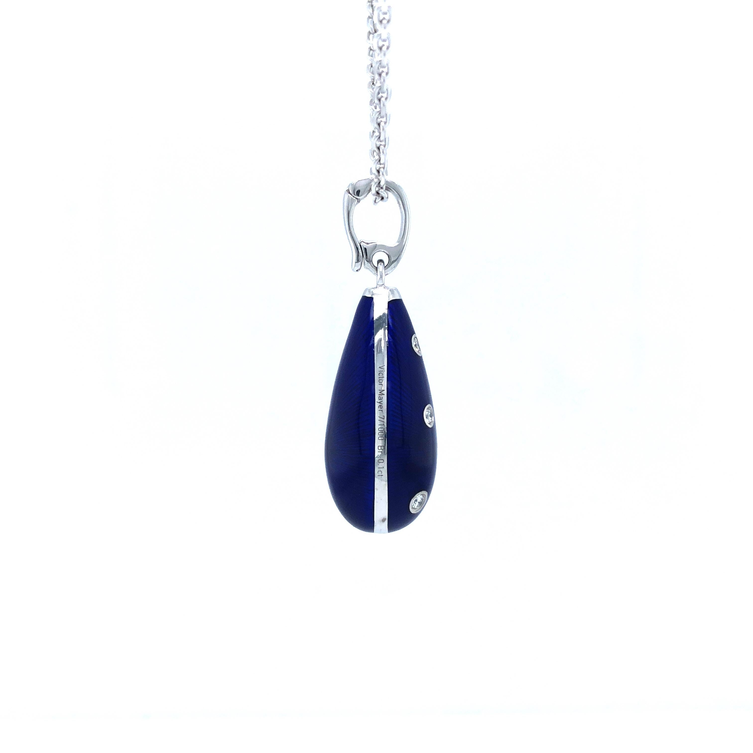 Victorian Drop Pendant Necklace 18k White Gold Royal Blue Enamel 6 Diamonds 0.1 ct G VS For Sale