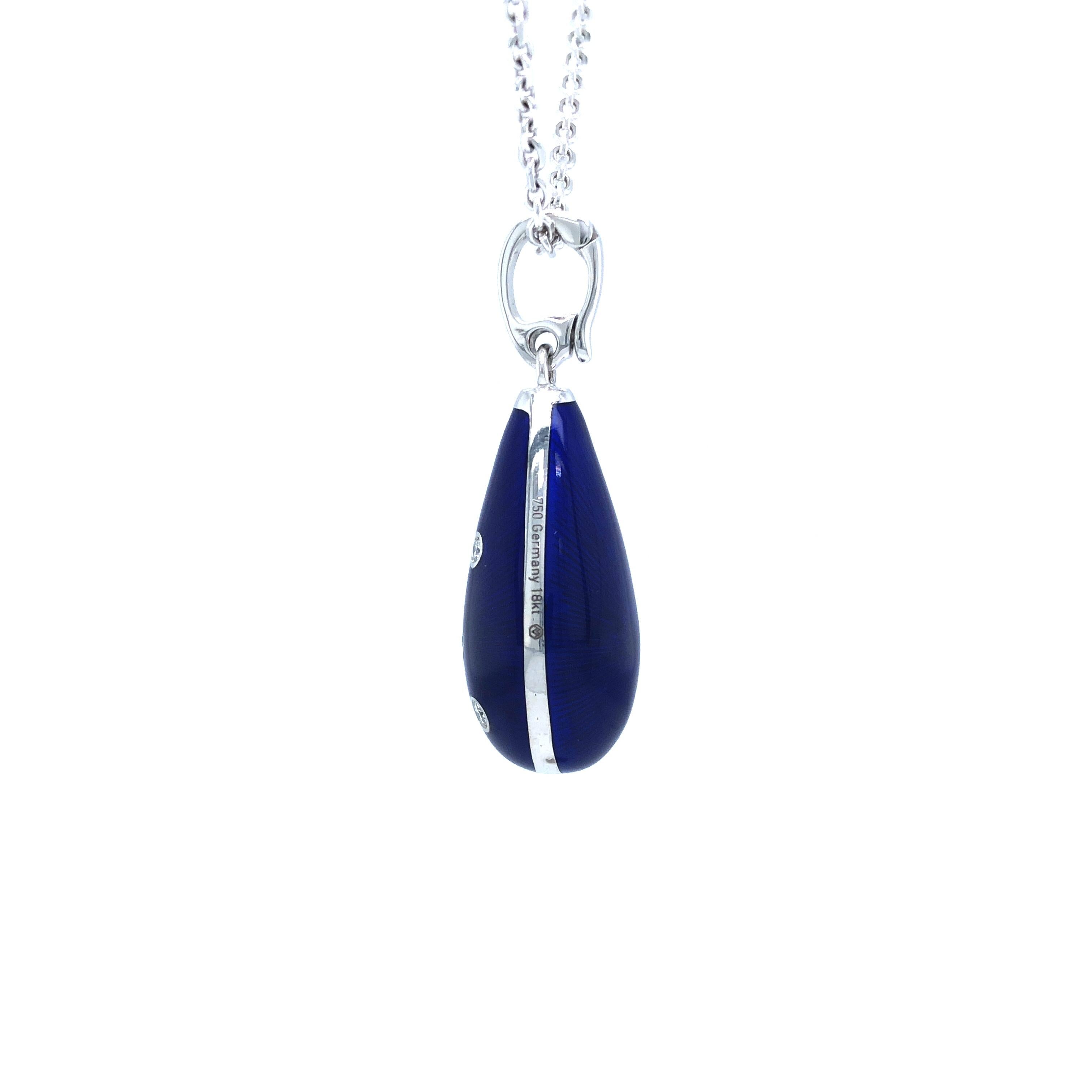 Brilliant Cut Drop Pendant Necklace 18k White Gold Royal Blue Enamel 6 Diamonds 0.1 ct G VS For Sale