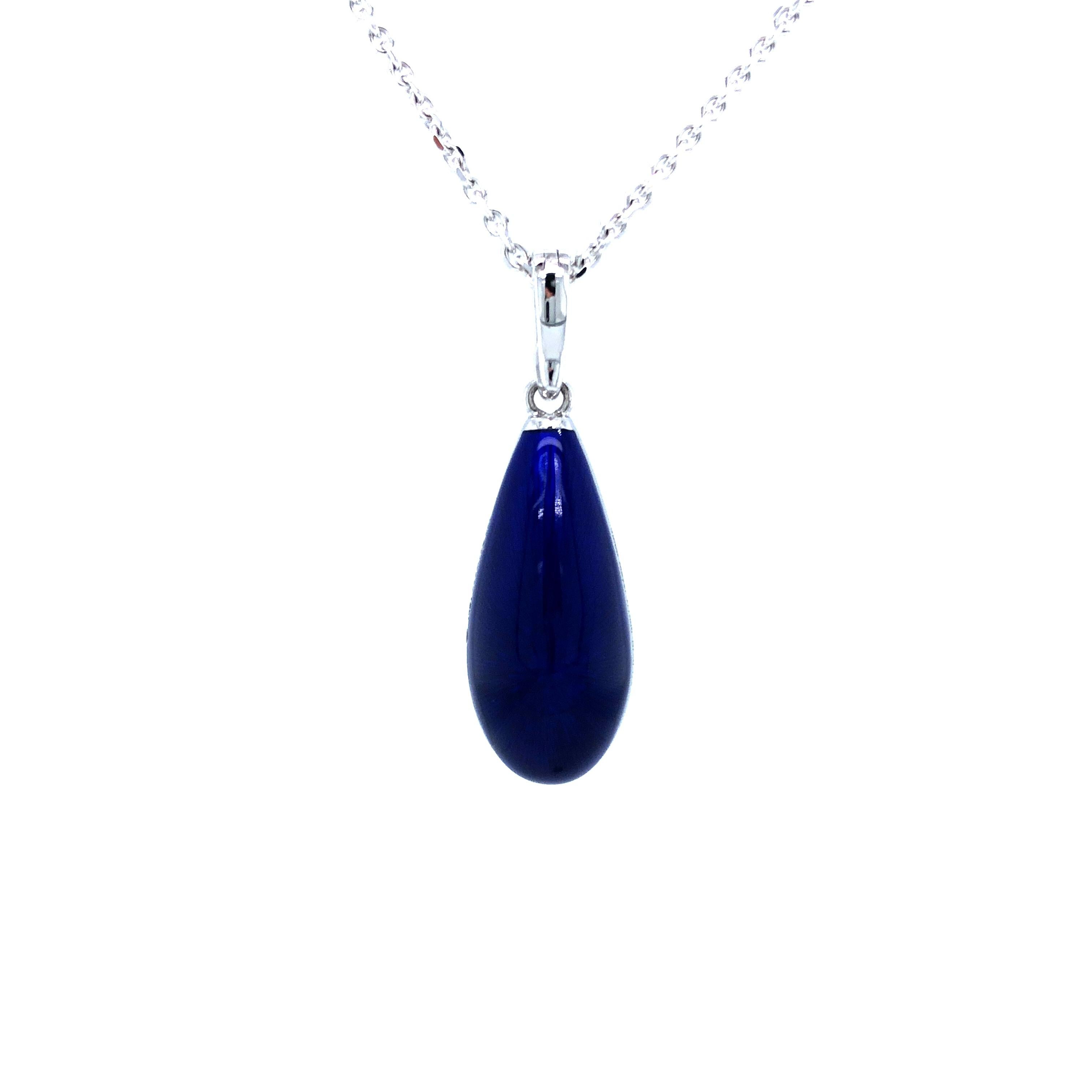 Drop Pendant Necklace 18k White Gold Royal Blue Enamel 6 Diamonds 0.1 ct G VS In New Condition For Sale In Pforzheim, DE