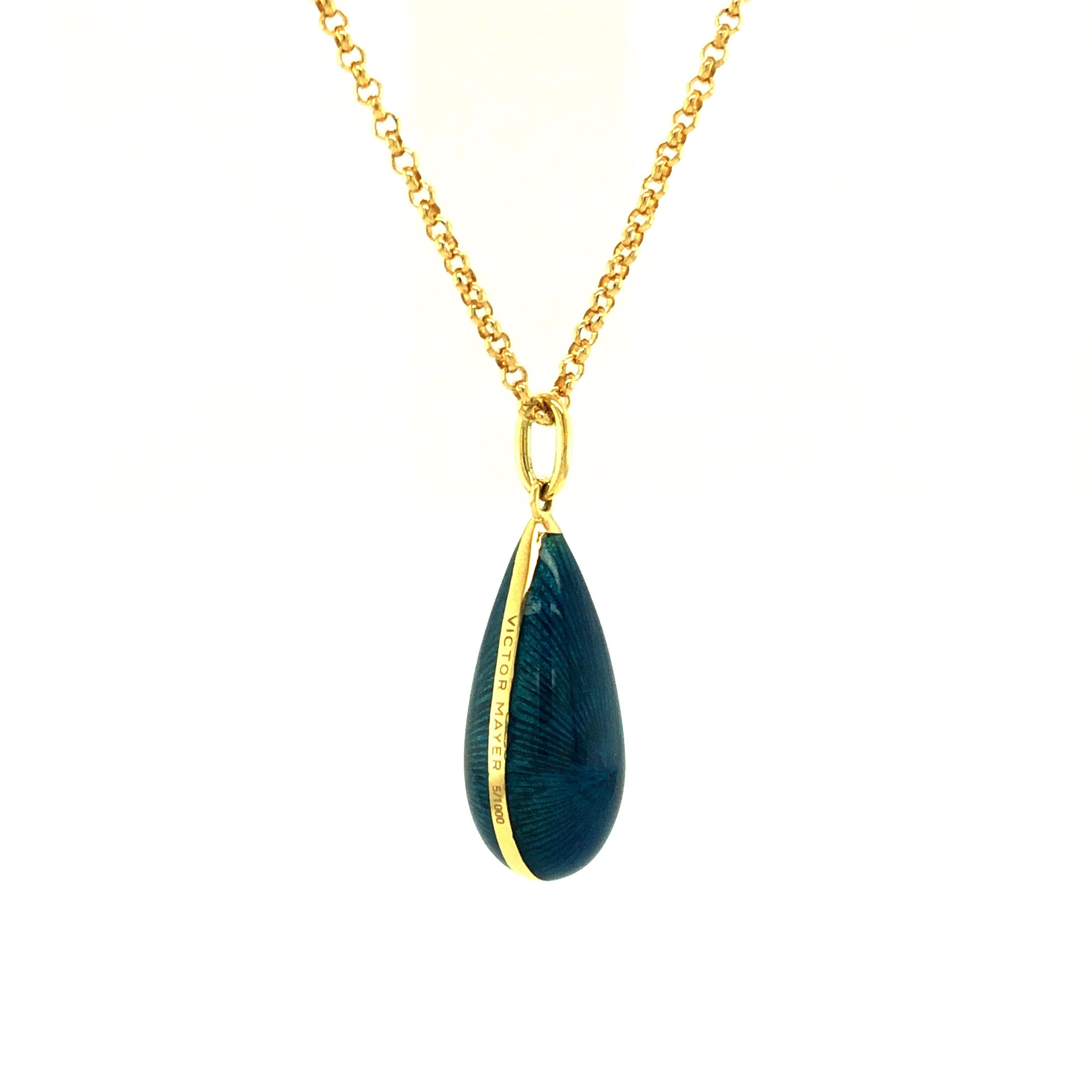 Contemporary Drop Pendant Necklace 18k Yellow Gold Petrol Blue Enamel Dimensions For Sale