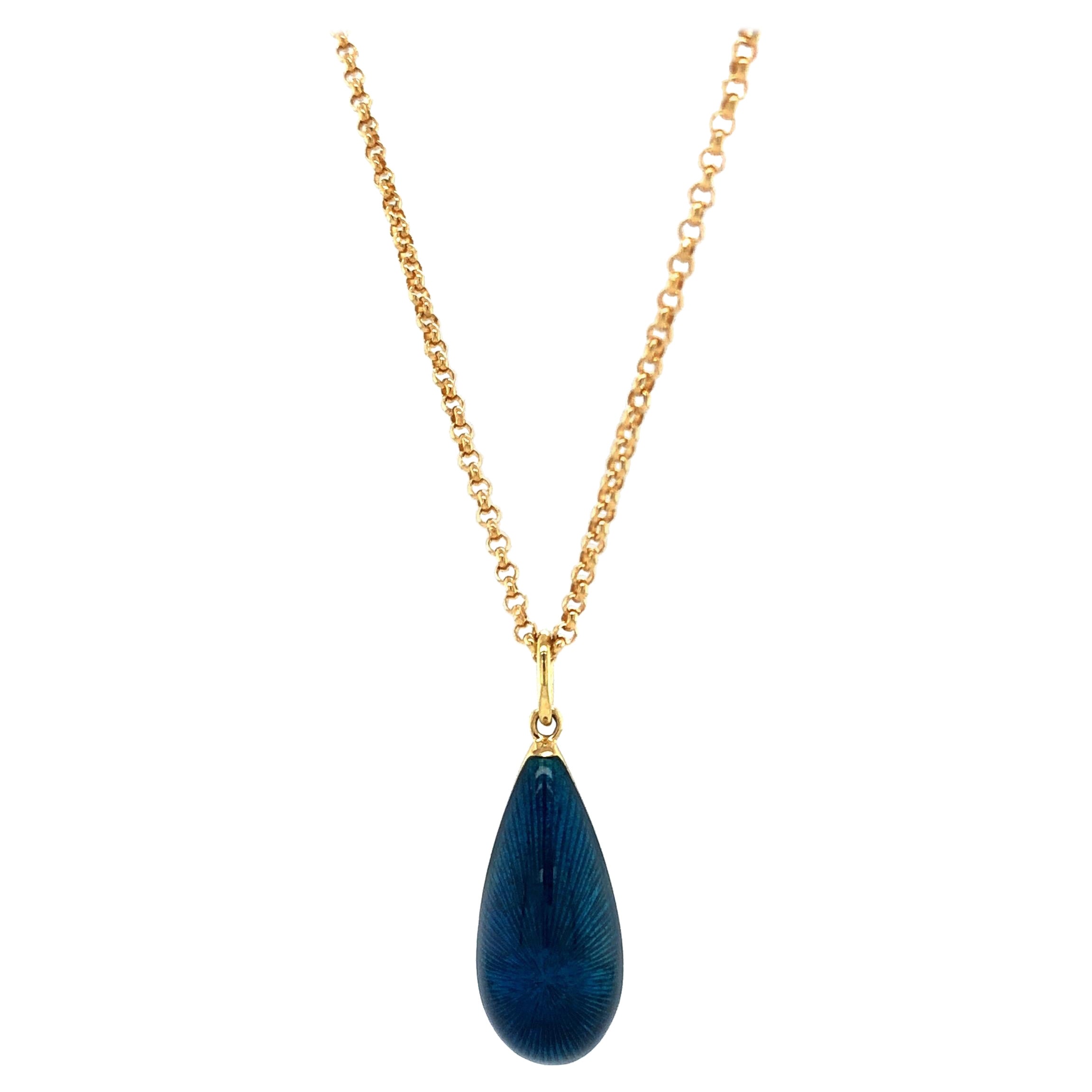 Collar Colgante Gota Oro Amarillo 18k Esmalte Azul Petróleo Dimensiones