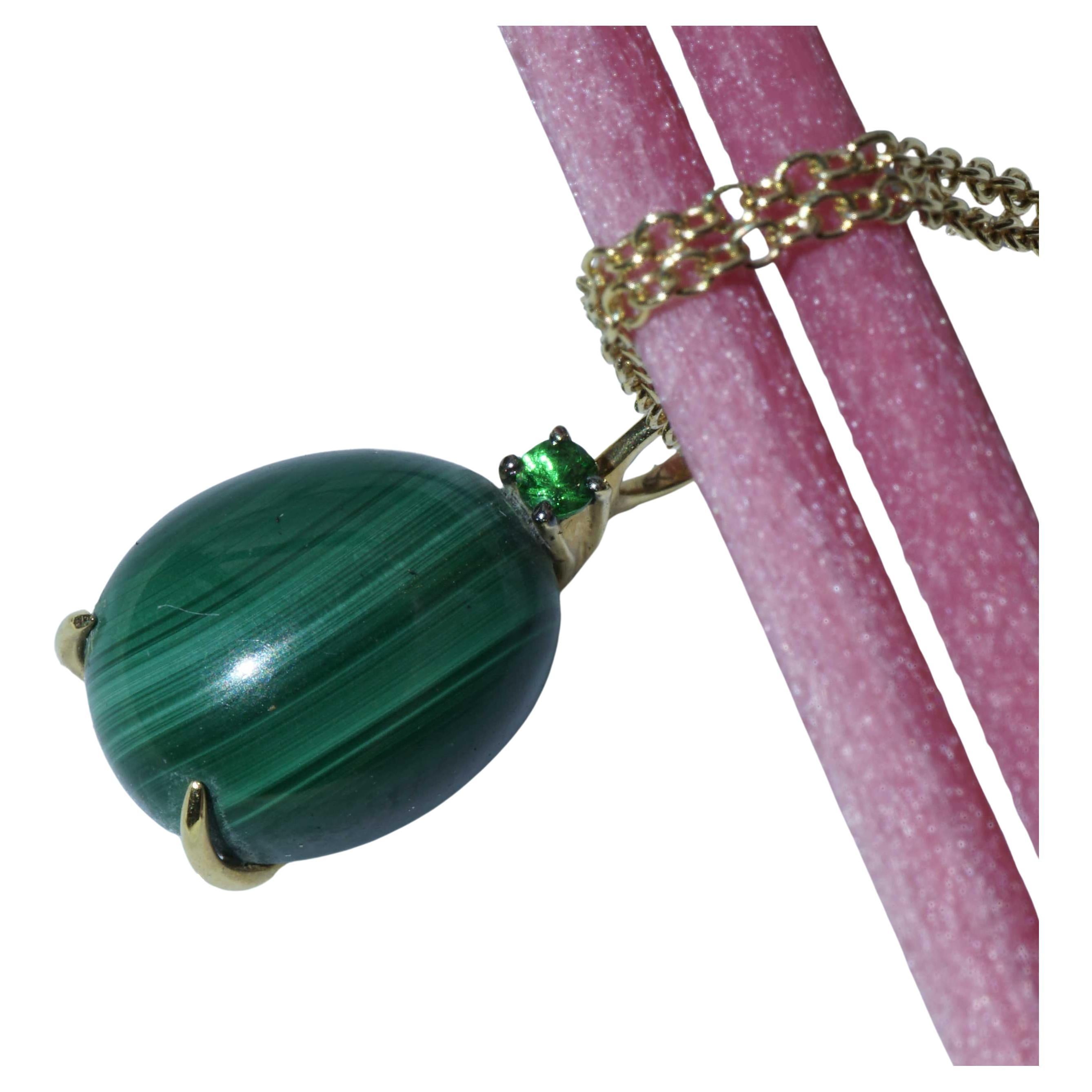 Drop Pendant with Chain soo sweet with Malachite and Tsavorithe made in Italy For Sale