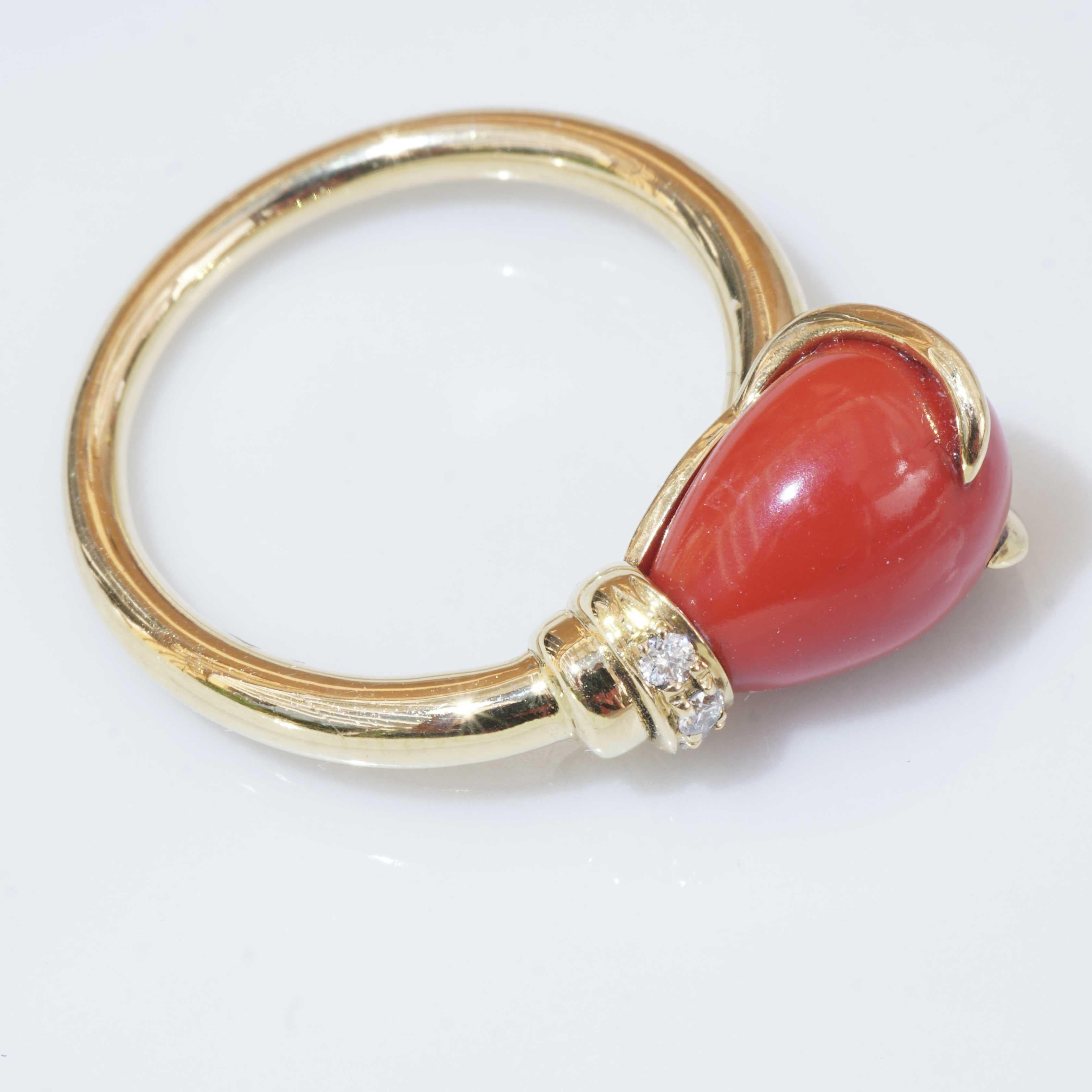 Drop Ring Red Coral Diamonds 3.10 ct 21 x 8 mm traditional fine made in ...