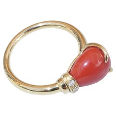 Drop Ring Red Coral Diamonds 3.10 ct 21 x 8  mm traditional fine made in Italy