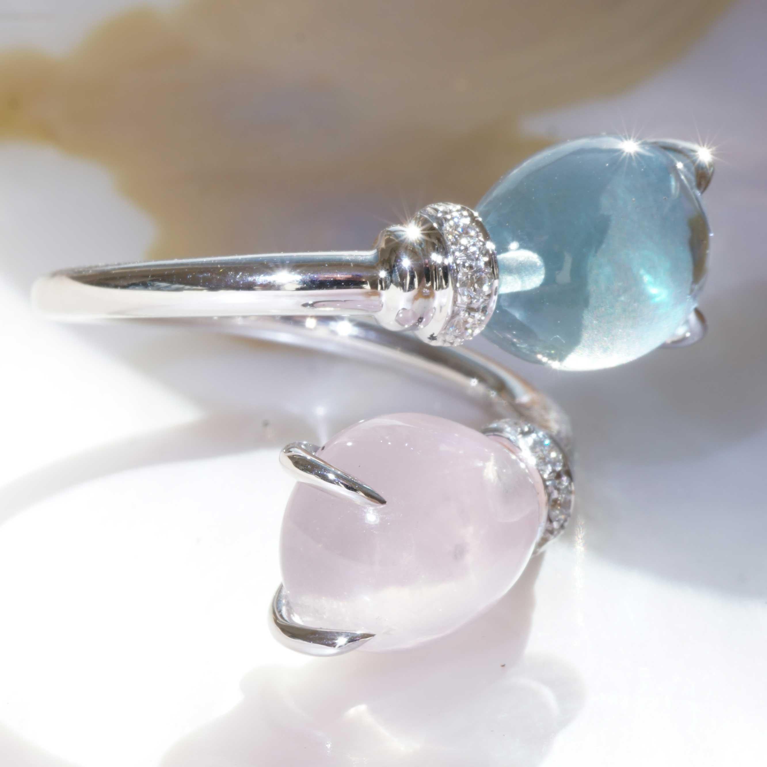Modern Drop Ring soo sweet with Blue Topaz and Rose Quartz made in Italy delightful  For Sale