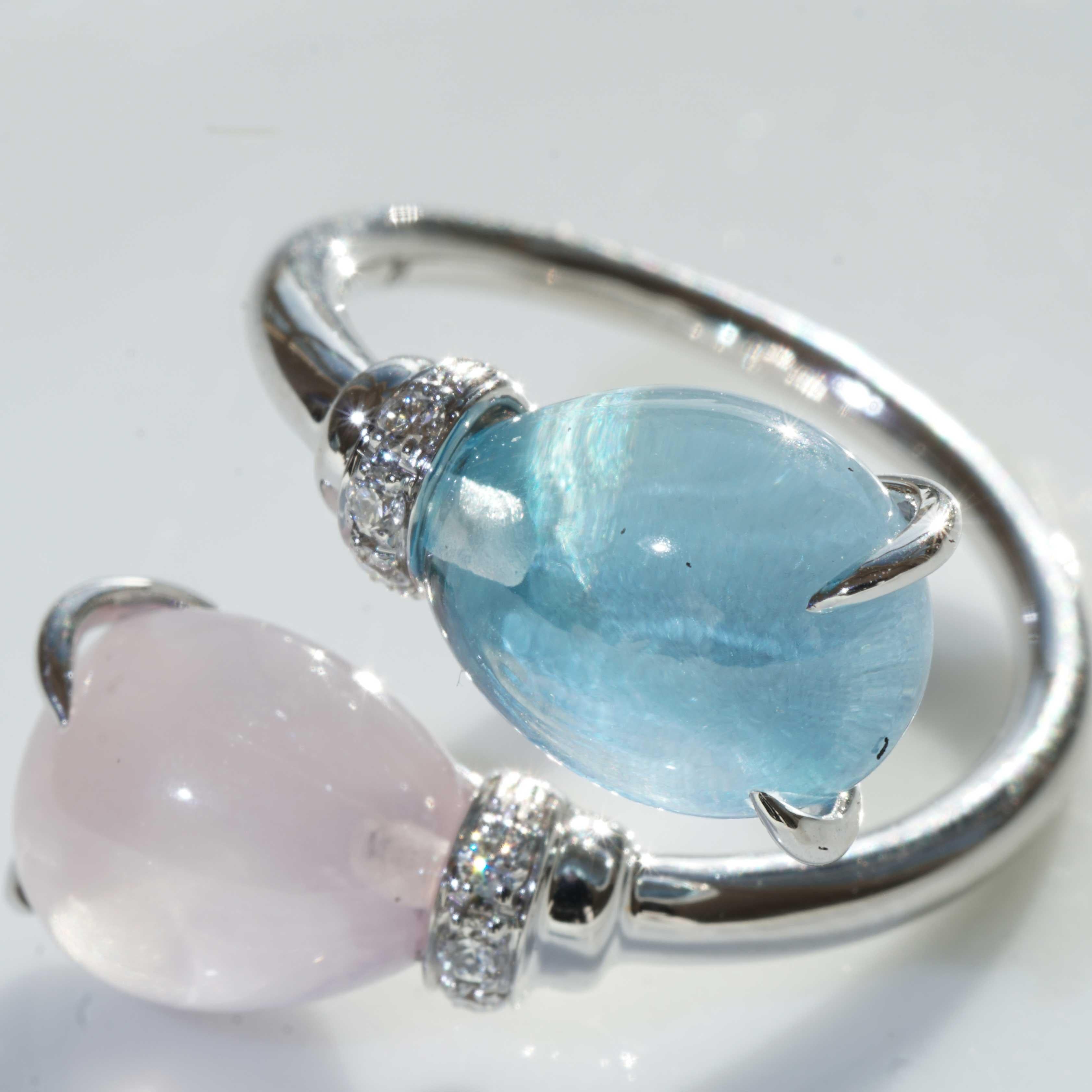 Brilliant Cut Drop Ring soo sweet with Blue Topaz and Rose Quartz made in Italy delightful  For Sale