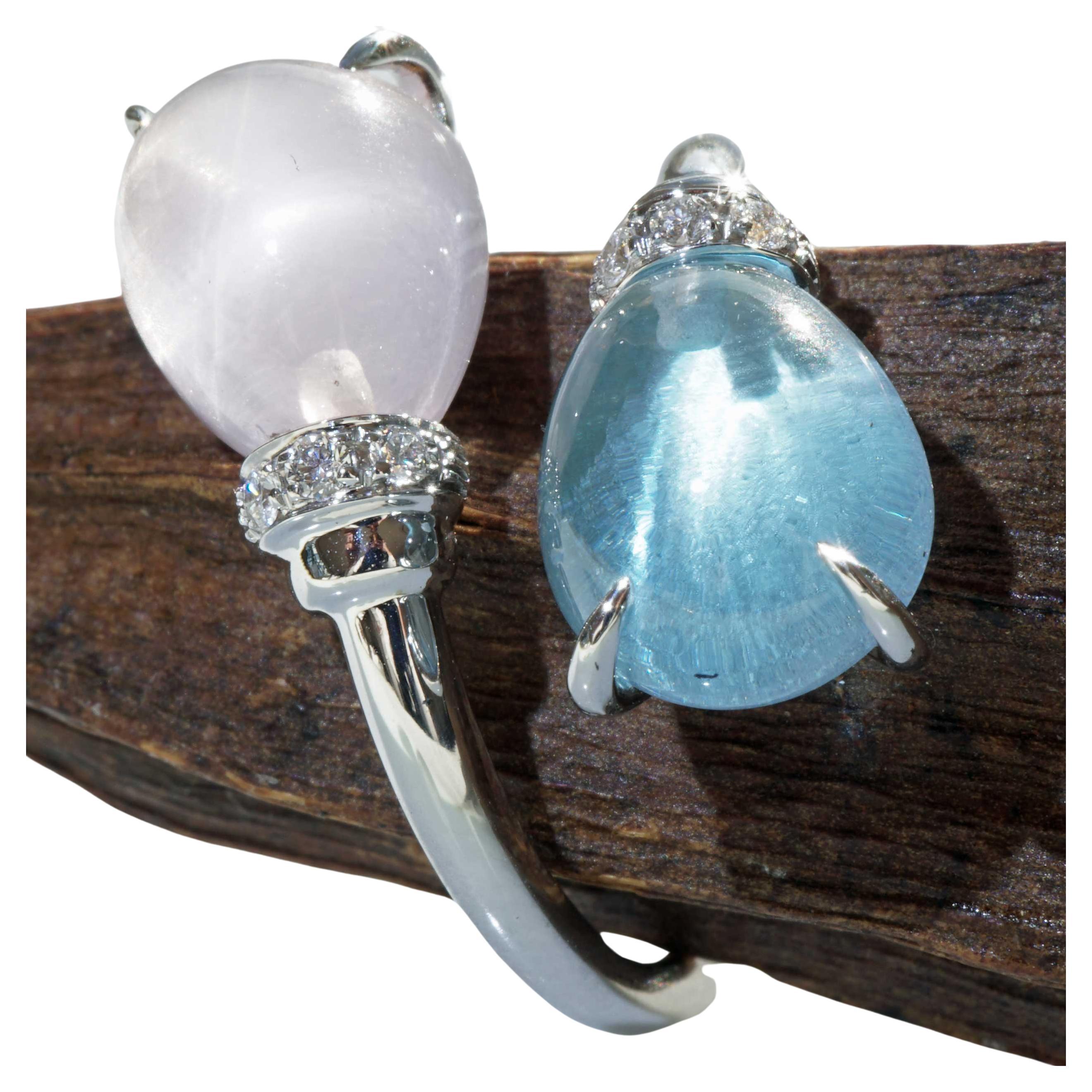 Drop Ring soo sweet with Blue Topaz and Rose Quartz made in Italy delightful  For Sale