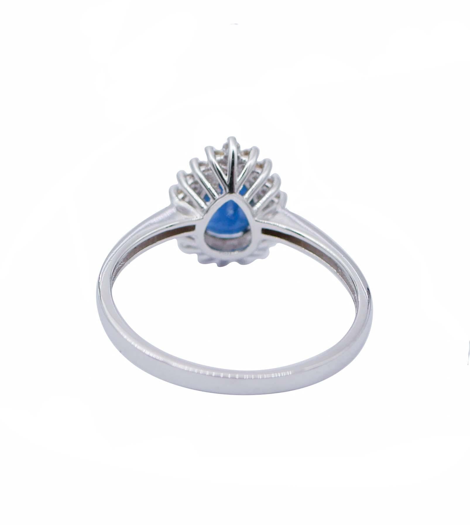 Mixed Cut Drop Sapphire, Diamonds, 18 Karat White Gold Modern Ring For Sale