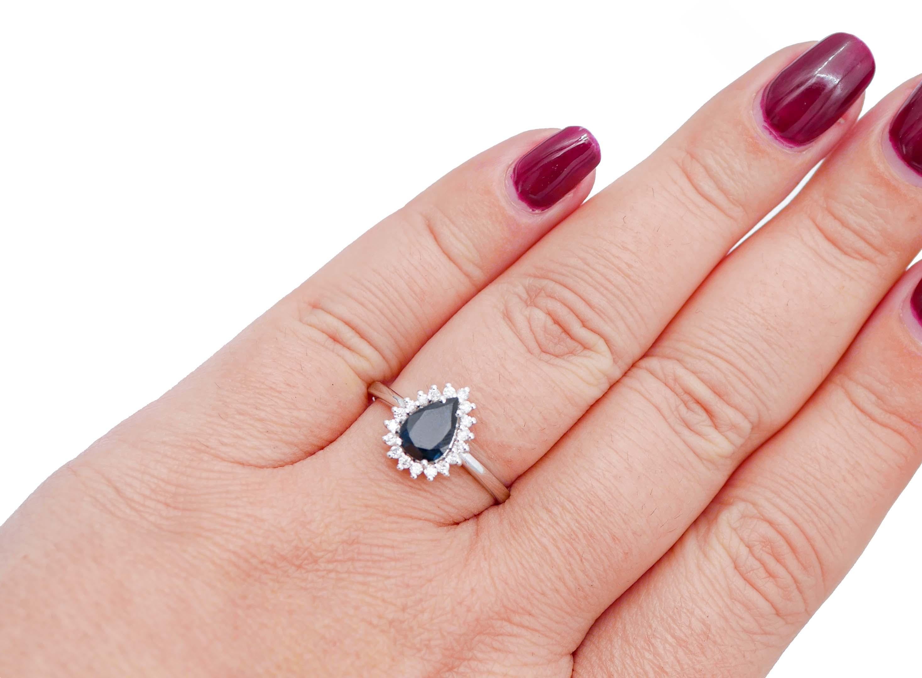 Women's Drop Sapphire, Diamonds, 18 Karat White Gold Modern Ring For Sale