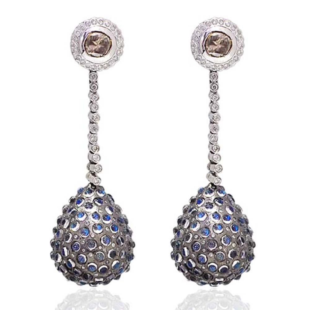 Modern Drop Shaped Designer Diamond and Moonstone Earring in Gold and Silver For Sale