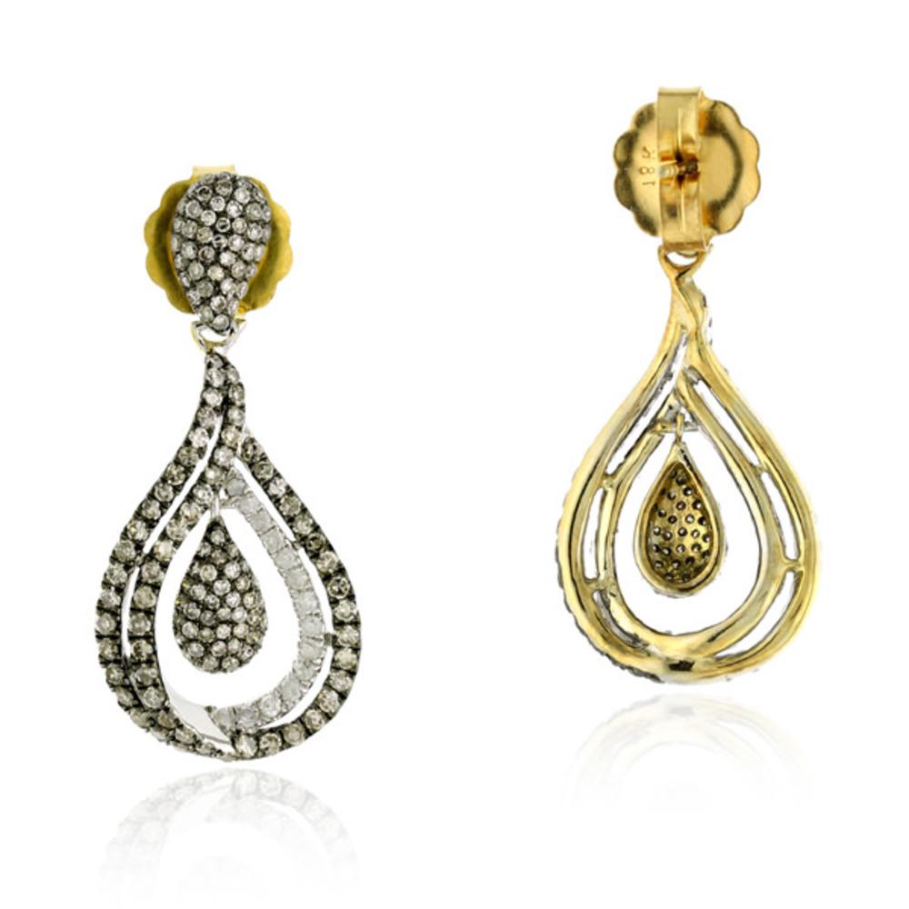 Art Deco Drop Shape Earrings with White & Black Diamonds Made in 18k Gold & Silver For Sale