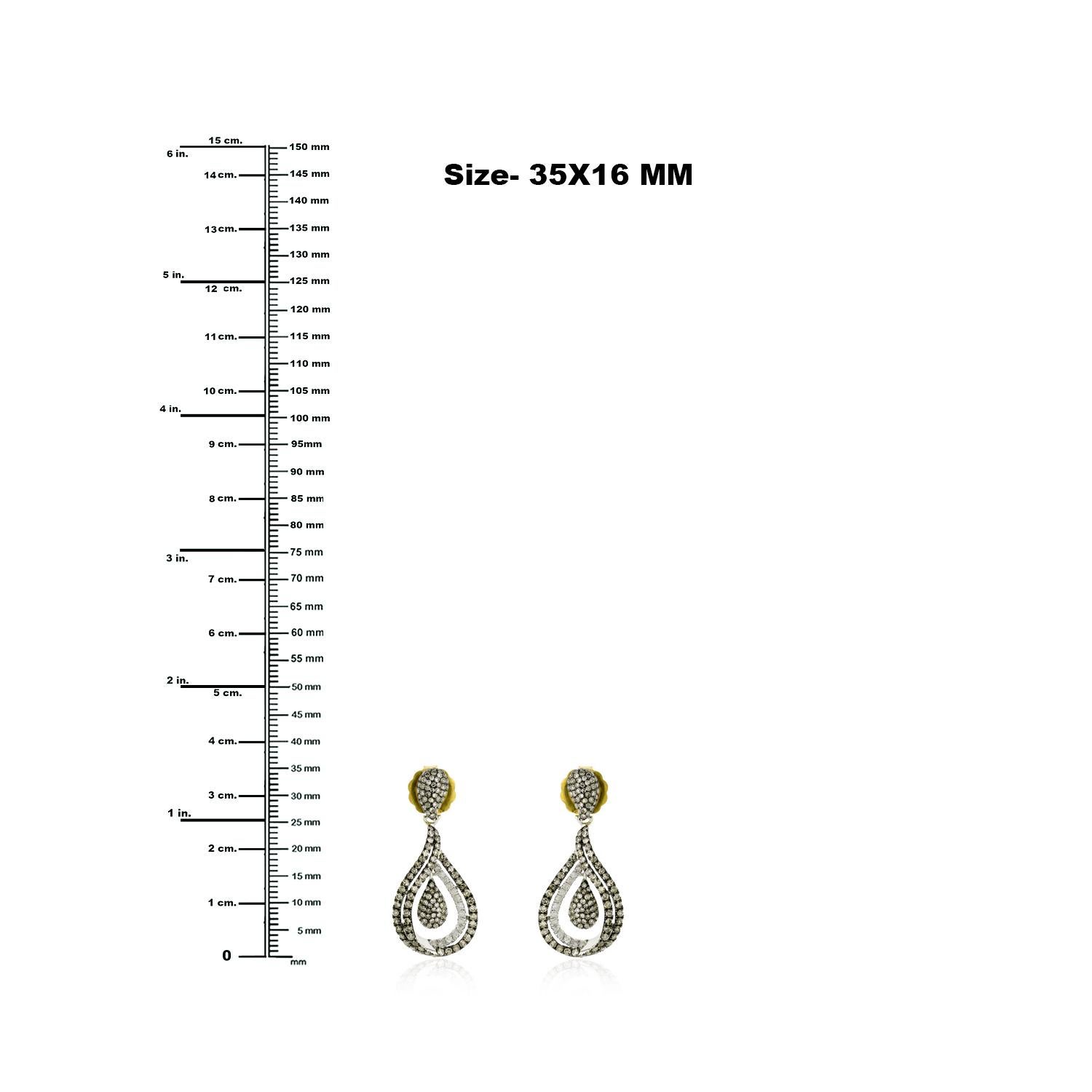 Mixed Cut Drop Shape Earrings with White & Black Diamonds Made in 18k Gold & Silver For Sale