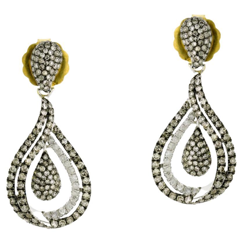 Drop Shape Earrings with White & Black Diamonds Made in 18k Gold & Silver For Sale