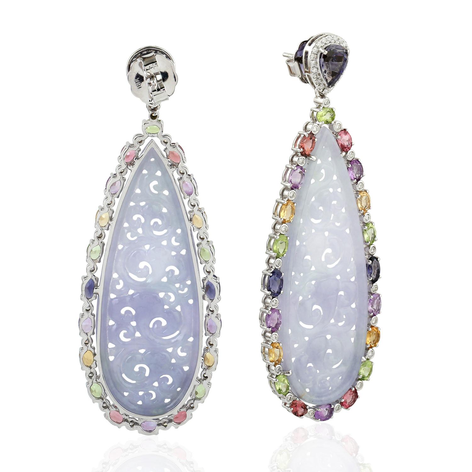 Art Deco Drop Shape Multi Gemstone Dangle Earring with Carved Jade Made in 18k White Gold For Sale
