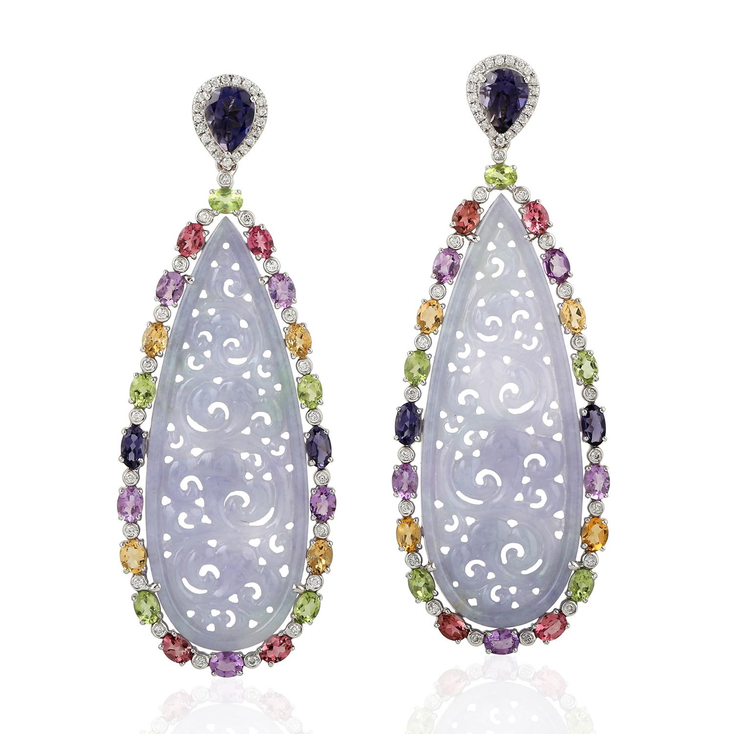 Mixed Cut Drop Shape Multi Gemstone Dangle Earring with Carved Jade Made in 18k White Gold For Sale