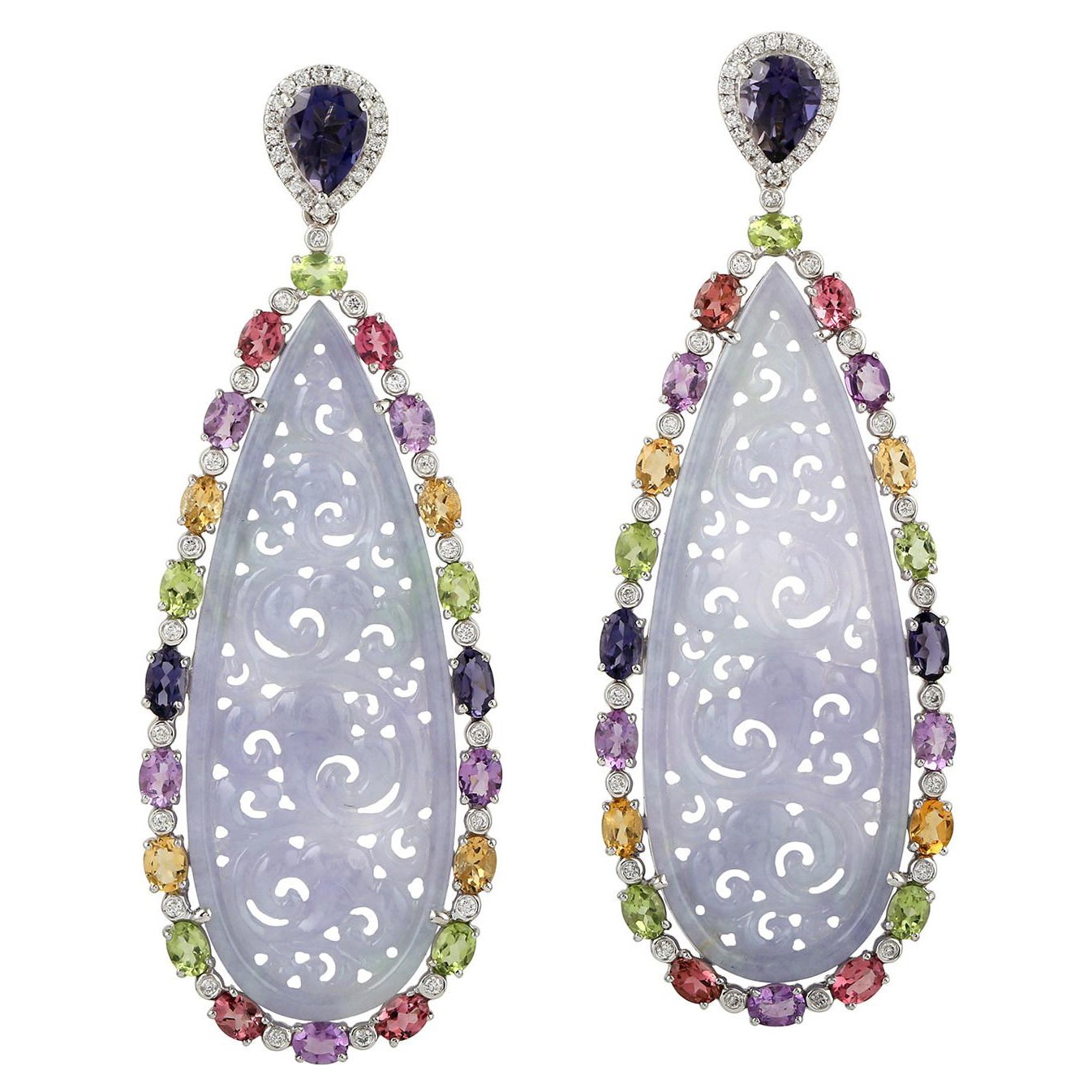 Pendiente colgante multigema en forma de gota con jade tallado en oro blanco de 18 quilates