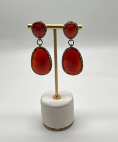 Drop Shape Orange Red Carnelian Diamond Halo 14K Yellow Gold Statement Earrings