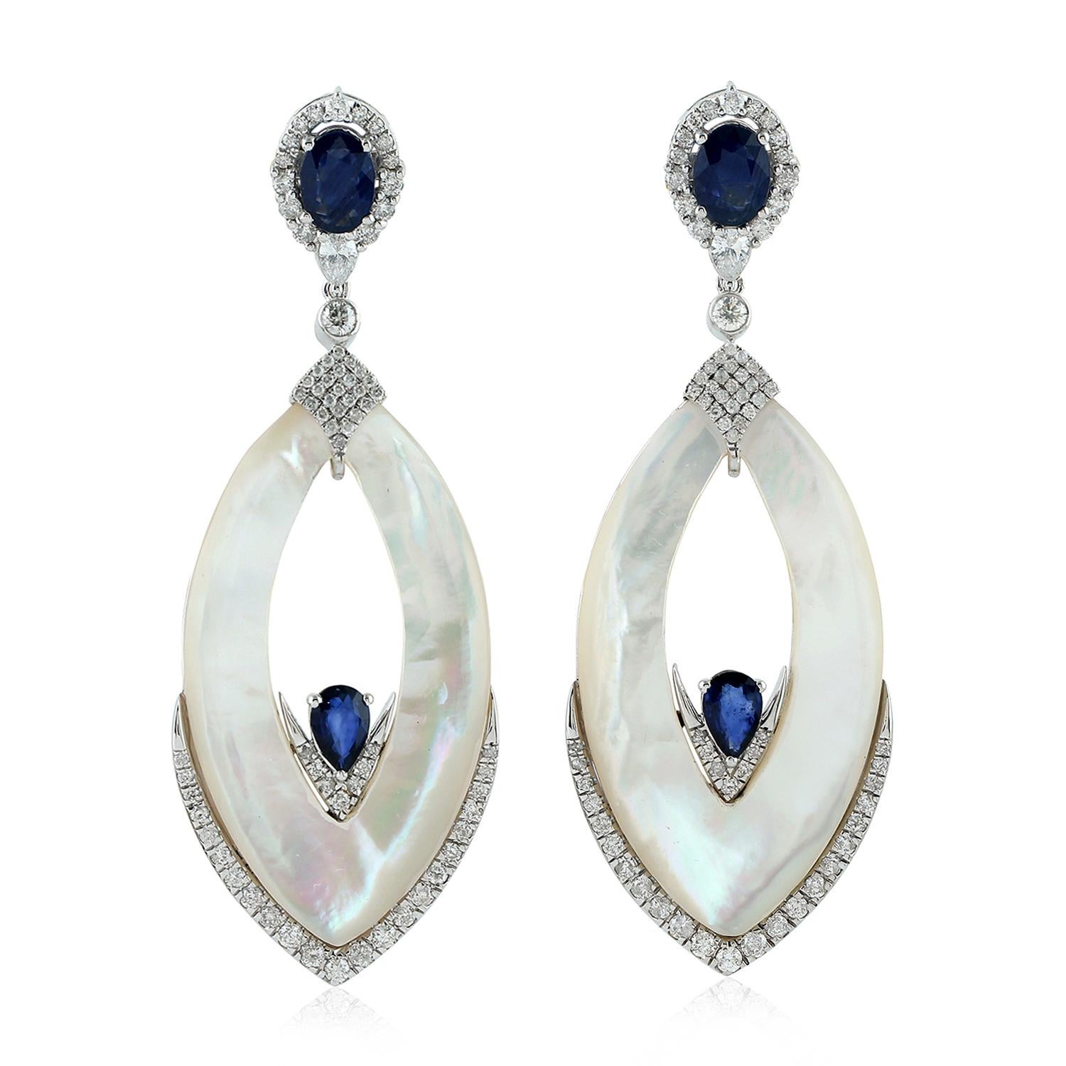 Round Cut Ornamental Marquise Shaped Pearl Earrings With Blue Sapphire & Diamonds For Sale