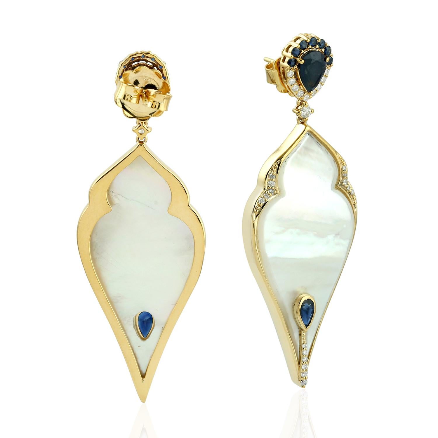 Art Deco Drop Shape Pearl Dangle Earring with Sapphire & Diamonds Made in 18k Yellow Gold For Sale