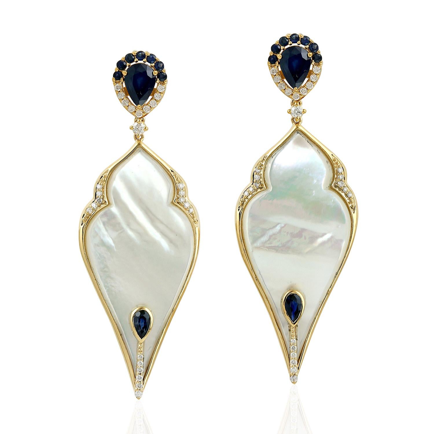 Mixed Cut Drop Shape Pearl Dangle Earring with Sapphire & Diamonds Made in 18k Yellow Gold For Sale