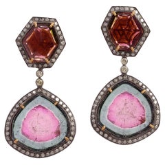 Drop Shape Water Melon Tourmaline Dangle Earring with Pave Diamonds