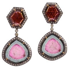 Drop Shape Water Melon Tourmaline Dangle Earring with Pave Daimonds