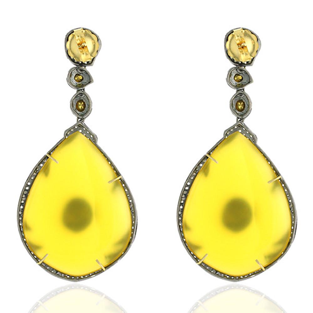 Artisan Drop Shape Yellow Onyx Earrings with Diamonds