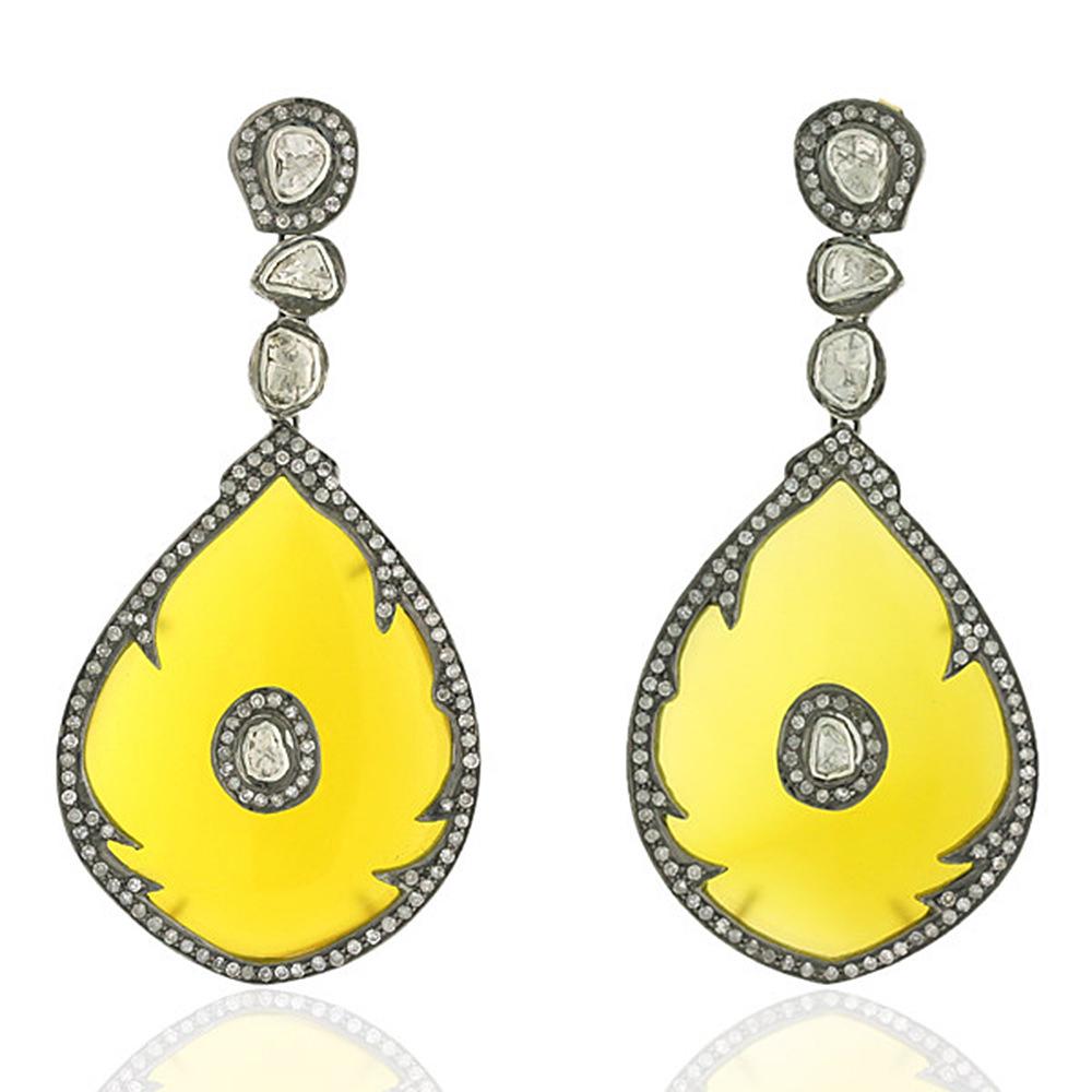 Drop Shape Yellow Onyx Earrings with Diamonds In New Condition In New York, NY