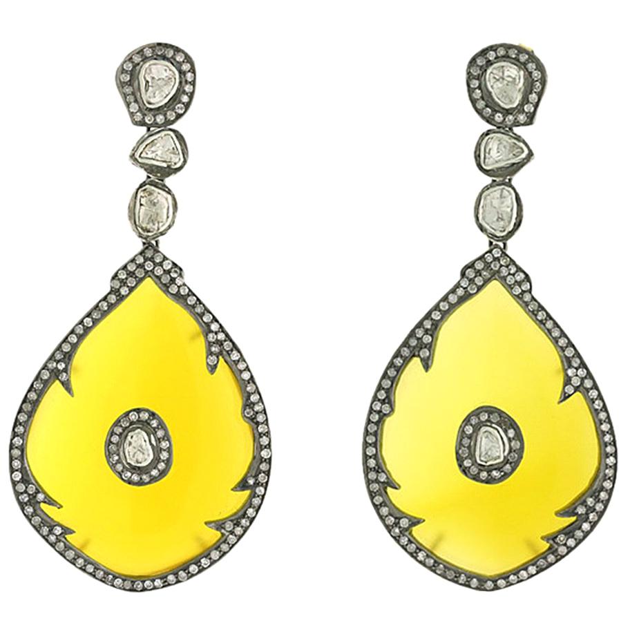 Drop Shape Yellow Onyx Earrings with Diamonds