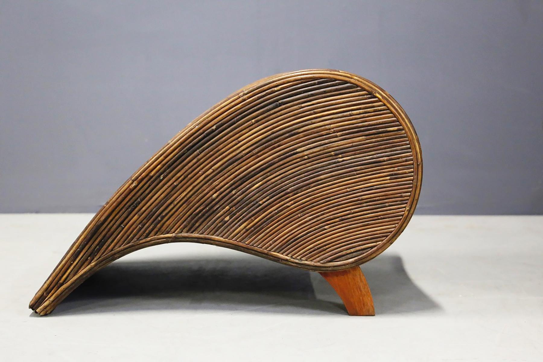 Italian Drop-Shaped Bamboo Chaise Lounge with Ottoman, 1980s