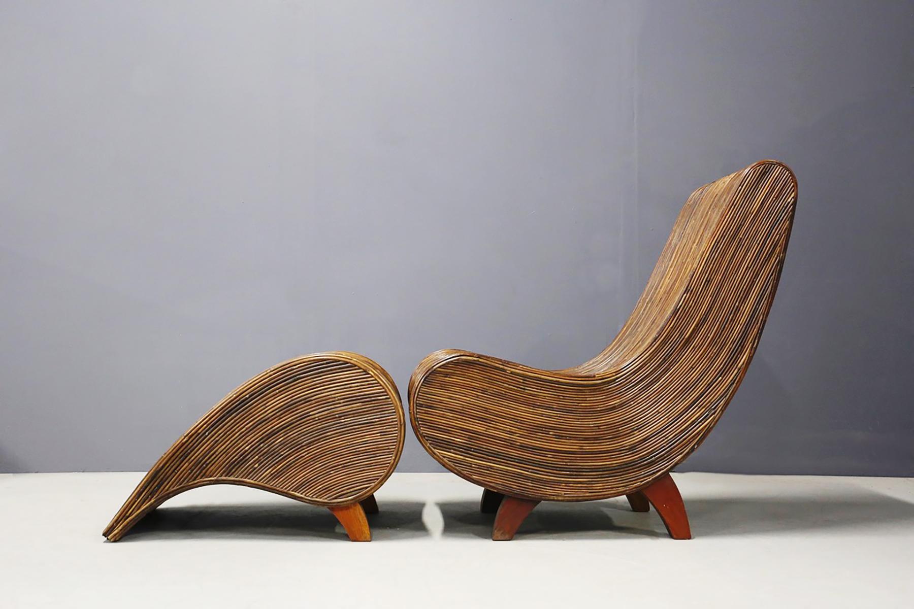 Drop-Shaped Bamboo Chaise Lounge with Ottoman, 1980s 1