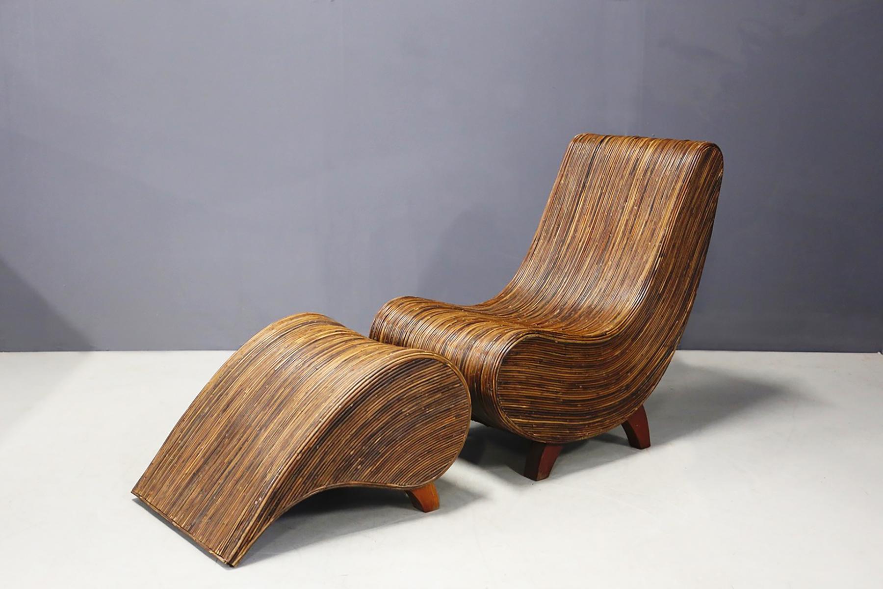 Drop-Shaped Bamboo Chaise Lounge with Ottoman, 1980s 3